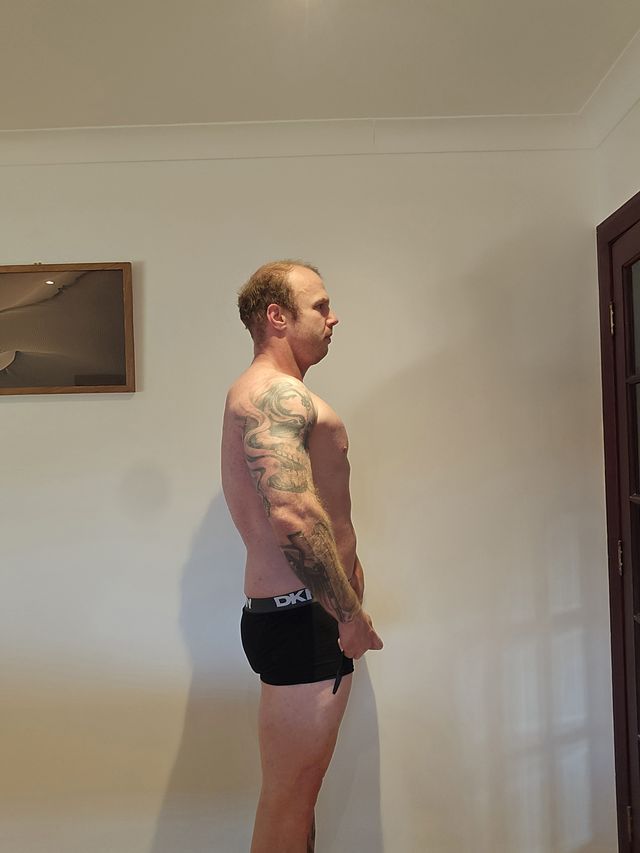 Andrew East eight months later, side profile and 40 kilograms lighter